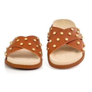 Imagem de Sandalia Casual Papete Feminina Flat Enfeite Metal Brilho Metalizado Plataforma Flatform (CARAMELO, BR, Adulto, Numérico, 40)