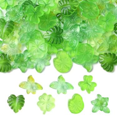 Imagem de UR URLIFEHALL 70 peças, 7 estilos, cabochão de folha verde acrílica, folhas luminosas, pingentes de fundo plano para decoração de capa de telefone com clipe de cabelo DIY
