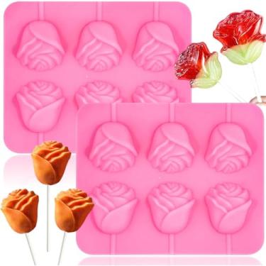 Imagem de Moldes de pirulito de flor de rosa, pacote com 2 moldes de chocolate de silicone rosa, molde de bolo de flores 3D com 20 palitos para decoração de bolo de dia dos namorados dia das mães
