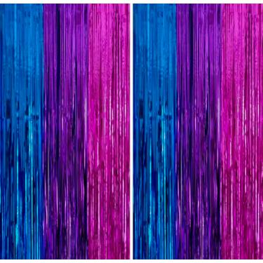 Imagem de Pacote com 2, 1 x 2 m, azul, roxo, rosa-choque, metálico, folha de alumínio com franja, janela, porta, serpentina, borboleta, sereia, aniversário, chá de bebê, caçador, Halloween, despedida de