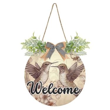 Imagem de SEHANY Placa de boas-vindas colorida, beija-flor, decoração de porta da frente, guirlanda de boas-vindas redonda para decoração de casa de fazenda, varanda, pátio, 30 x 30 cm