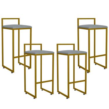 Imagem de Kit 04 Banquetas Altas Para Cozinha Sala De Jantar Hanna L02 Dourado Suede Cinza - Lyam Decor