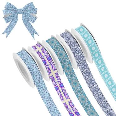 Imagem de SEHANY 5 rolos de fita de Natal 0,59 polegadas 5 jardas fitas de tecido boêmio fitas de cetim festivas fitas decorativas de Natal para embrulho de presente faça você mesmo artesanato grinalda