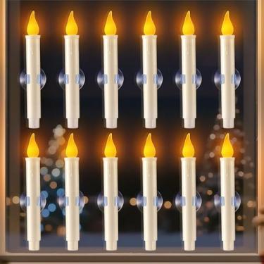 Imagem de Meonum Pacote com 12 velas de janela operadas a pilha, velas de Natal de 19 cm, decoração de janela de LED com sensor do anoitecer ao amanhecer, decorações cônicas sem chama com ventosas para o Natal
