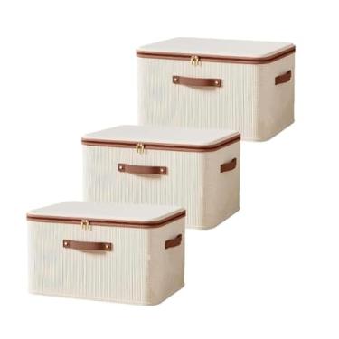 Imagem de Kit Triplo de Caixas Organizadoras Médias com Zíper Duplo em Tecido Natural para Roupas Infantis e Documentos