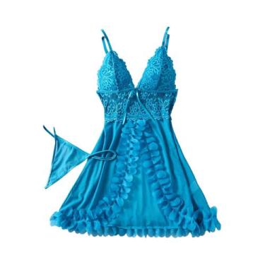 Imagem de Conjunto De Camisola Transparente De Renda E Tanga Para Mulheres Com B