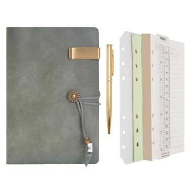 Imagem de WONDERPOOL Caderno e caneta de papel forrado de couro – fichário recarregável com 6 anéis para escrever diário em espiral com blocos de notas pautados, capa vintage para escritório, viagens, trabalho