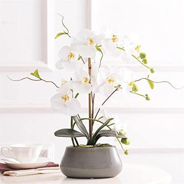 Imagem de LMJYU Flor artificial em vaso Phalaenopsis Orquídea floral arranjo em vaso, orquídeas falsas de seda flores artificiais para decoração de casamento em ambientes internos e externos, arte branca/rosa