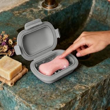 Imagem de Caixa de sabão de viagem de silicone portátil à prova d'água com tampa e design de dreno suporte de sabão portátil à prova de vazamento (Grizzly)