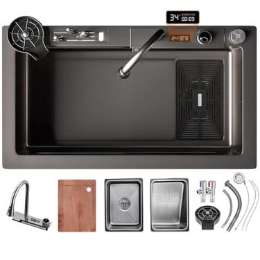 Imagem de PVXMQFFA Pia de cozinha de estação de trabalho com torneira de cachoeira, conjunto de tigela única de bacia de aço inoxidável doméstica, lavadora de panela de pressão, tábua de corte, cesta de