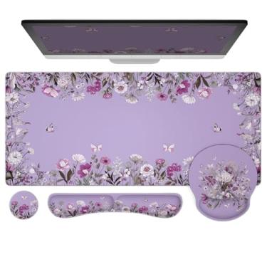 Imagem de Ovenbird Conjunto de mouse pad 4 em 1 | Mouse pad grande para jogos, apoio de pulso para teclado, suporte de pulso para mouse, porta-copos | Acessórios ergonômicos de mesa de escritório para mulheres