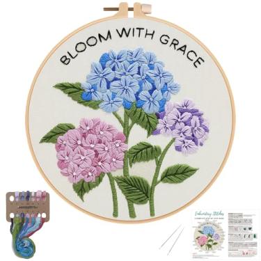 Imagem de Nuberlic Kits de bordado de hortênsia para iniciantes e adultos, kit de ponto cruz com padrão estampado, inclui argolas de pano e agulhas