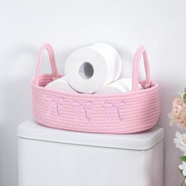 Imagem de Vesici Cesta de armazenamento de tecido com laço rosa para vaso sanitário, boho, corda de algodão, organizador de bancada, cesta com alça, decoração de banheiro rosa para quarto de bebê, organização