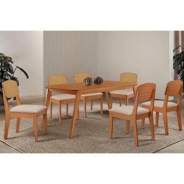 Imagem de Sala Jantar Mesa Havana Tampo Curvo 180cm+6 Cadeiras Havana Naturale - Suede Creme - Rufato