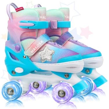Imagem de HALOSK Patins para meninas, meninos, quadriciclo de duas fileiras ajustáveis com rodas iluminadas, design de estrela gradiente para iniciantes de 3 a 12 anos