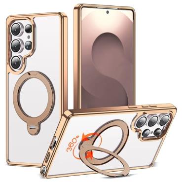 Imagem de RIASOLIN Capa compatível com Samsung Galaxy S25 Ultra com suporte de anel invisível giratório de 360°, compatível com Mag-Safe, capa de telefone transparente com ótima sensação de aderência para