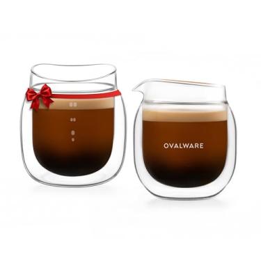 Imagem de ovalware Conjunto de 2 copos de café expresso | Copo medidor de dose de 80 ml de parede dupla | Conforto protetor térmico | Marcações jateadas permanentes para Ristretto e Espresso | Bico de precisão
