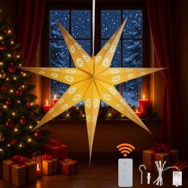 Imagem de YPGFDZYDHH Lanterna de estrela de papel de 58 cm com luzes de LED, luz de estrela suspensa de 7 pontos para Natal, casamento, aniversário – Lanterna de papel 3D branca geométrica com controle remoto