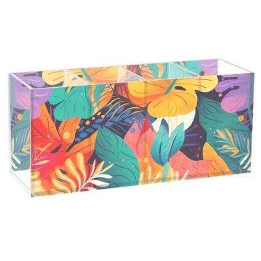 Imagem de TSENQUE Suporte de caneta para mesa com estampa de flores tropicais coloridas e bonitas, porta-pincéis de acrílico, canetas, canetas, canetas, arte, suporte personalizado, material de escritório e