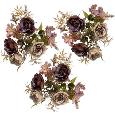 Imagem de ZJCilected Flores artificiais de peônia marrom, flores falsas empoeiradas de seda vintage para buquês de casamento, centros de mesa, chá de bebê, decoração de casa, rústica, pacote com 3