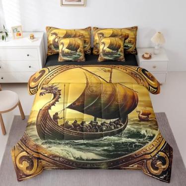 Imagem de Erosebridal Jogo de cama viking nórdico, navio náutico do oceano náutico, guerreiro viking, conjunto de lençol completo de 7 peças com edredom para decoração de quarto de crianças, meninos e