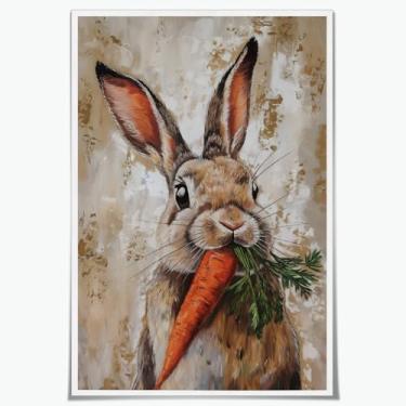 Imagem de Pintura de arte de parede de Páscoa, vintage, coelho, cenoura, pôsteres de coelhinho fofo, decoração de casa de fazenda, para quarto de Páscoa, banheiro, casa, 30 x 45 cm, sem moldura