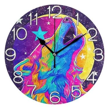 Imagem de GAIGEO Relógio de parede analógico decorativo para sala de aula relógio de escritório operado por bateria silencioso, arte de parede moderna legal decoração de casa desenho animado colorido lobo lua