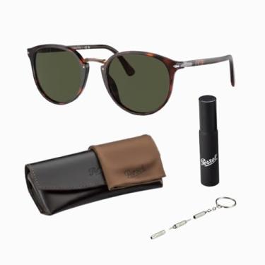 Imagem de Persol Óculos de sol de formato oval PO3210S com kit oficial de óculos, Armação Havana | Lente verde, 51mm