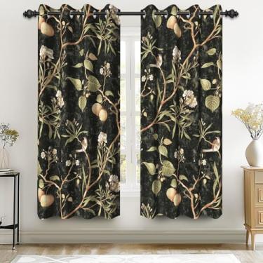Imagem de Renaiss Cortinas blackout pretas americanas vintage de 106 x 153 cm para quarto, estampa floral de ramo de pássaro, estampa de maçã, cortinas de decoração de meados do século, para sala de estar, 2