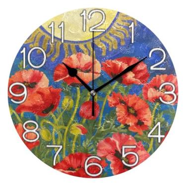 Imagem de Relógio de parede analógico decorativo para quarto e cozinha, funciona a pilhas, decoração de sala de estar, arte moderna, pintura de flor vermelha colorida, 25 cm, ponteiros dourados