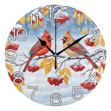 Imagem de GAIGEO Relógio de parede analógico decorativo quarto cozinha relógio estético silencioso sem tique-taque, decoração de parede retrô moderna art déco, pássaro de Natal, bagas de neve, cardeal, 25 cm