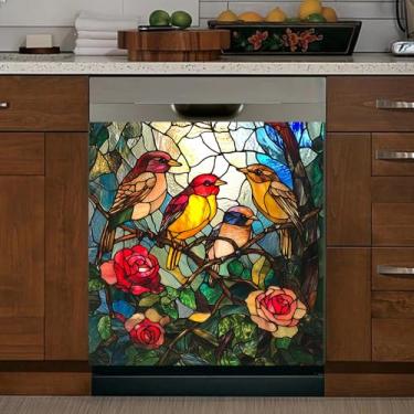 Imagem de Capa magnética para lava-louças de pássaros de vidro manchado, capa magnética country rosa, adesivo de ímãs de geladeira florais de jardim para decalque de decoração de cozinha, 58 cm L x 66 cm A