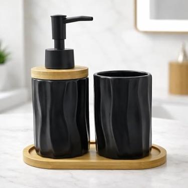 Imagem de Kit Banheiro Lavabo em Cerâmica com Dispenser para Sabonete Líquido e Porta Escova de Dente Decorativo(WATTERFALL PRETO)