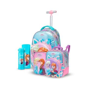Imagem de Kit Mochila Lancheira Garrafa Estojo Escolar Frozen Rodinha Disney