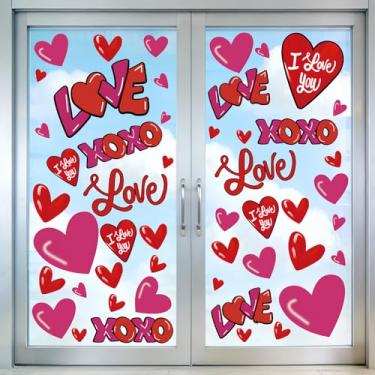 Imagem de Adesivo de 12 folhas para janela do dia dos namorados, vermelho, rosa, coração XOXO, decalques de janela dupla face para decoração de dia dos namorados, casa, escritório, escola