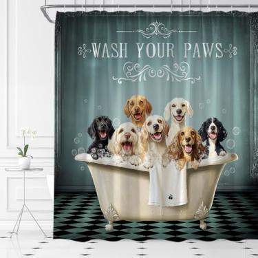 Imagem de HYKHYK Cortina de chuveiro de cachorro engraçado filhote de cachorro fofo na banheira animal de estimação vinatge azul-petróleo preto conjunto de cortina de banheiro com ganchos (177.8 cm WX70 H)