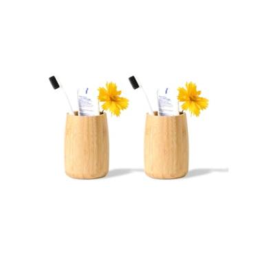 Imagem de ABBI NIMO Suporte de escova de dentes de bambu natural, pacote com 2, copo cilíndrico mínimo simples para bancada de banheiro, escova de maquiagem inquebrável ou organizador de caneta, acessório de