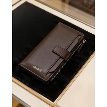 Imagem de Carteira horizontal de couro macio para homens, carteira longa com zíper lateral com vários compartimentos para cartão e bloqueio RFID, organizador de negócios fino de grande capacidade (Cáqui