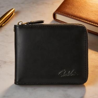 Imagem de Carteira universal de luxo preta compacta de couro PU de grão cruzado, design compacto de luxo com zíper preto com couro PU de grão cruzado e estrutura leve