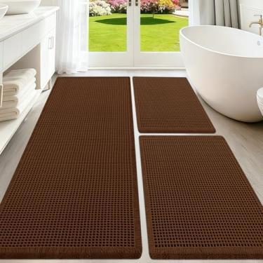 Imagem de Conjunto de tapetes de banho waffle atualizados, 3 peças, marrom, super absorvente, antiderrapante, secagem rápida, tapetes de banheiro com borlas, laváveis à máquina, tapetes de banheiro ultra macios