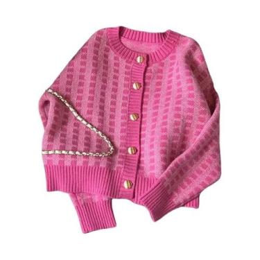 Imagem de Cardigan Longo De Manga Comprida Em Estampa Xadrez Rosa Y2K Para Mulhe