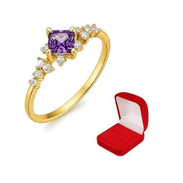 Imagem de Anel Solitário Minimalista Feminino Pedra Quadrada Luxo Banhado Ouro 18K Refinado (Lilás Ametista, 24)