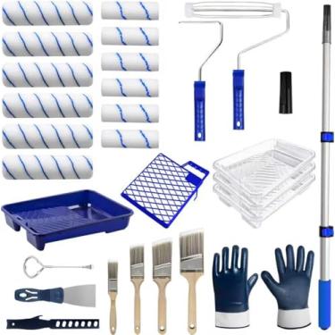 Imagem de AURIXUS Kit de rolo de pintura de 28 peças com haste de extensão, rolo de pintura de 10 cm e 9 polegadas, incluindo luvas, bandeja de tinta, pincel plano, raspador, etc., para pintura profissional de