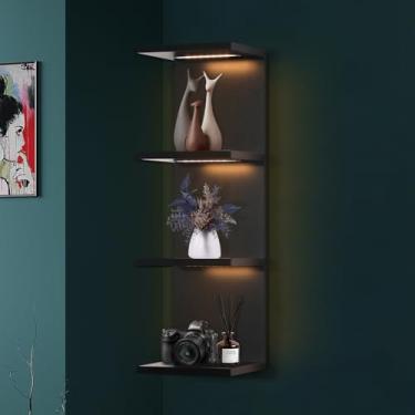 Imagem de VIWODS Prateleira de parede de 4 camadas com luzes LED, prateleira flutuante para decoração de casa, prateleira vertical montada na parede para quarto e sala de estar, preta