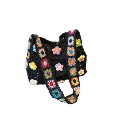 Imagem de Bolsa de ombro grande Boho - Bolsa feminina casual de malha aberta, Preto, Tendência