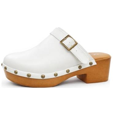 Imagem de Sapatos femininos clássicos de salto de madeira sintética sem cadarço com alça traseira opcional plataforma cravejada confortável salto baixo mule, Branco, 37