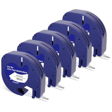 Imagem de BOYEEZON Fita de etiqueta de substituição compatível para DYMO LetraTag Refis 91331 Fita de etiqueta de plástico branco 12 mm x 4 m (1/2" x 13') para rotulador DYMO LT-100T LT-100H LT-110T QX50, preto sobre branco, pacote com 5