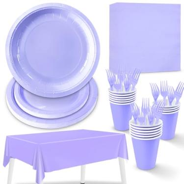 Imagem de ZVK Conjunto de pratos e copos de papel de festa lavanda cor sólida descartável para todos os dias