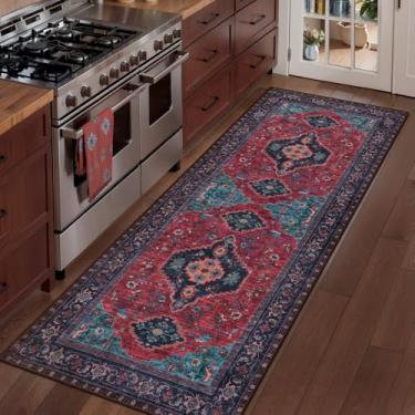 Imagem de Tangsoo Tapete de corredor lavável de 5 x 15 cm para corredores, antiderrapante vintage, tapete longo macio com estampa de corredor para cozinha, quarto, entrada, banheiro, sala de estar, bordô/azul