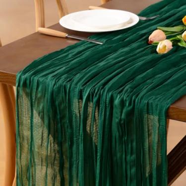Imagem de Jimtx Caminho de mesa de gaze verde esmeralda de Natal 1 peça caminho de mesa verde escuro 55 × 30 cm, decoração de casa para outono, casa de fazenda, casamento, chá de bebê, festa de aniversário